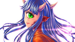Rule 34 | 1girl, blue hair, cacodemon, cyclops, doom (series), green eyes, highres, horns, humanization, lens flare, lipstick, long hair, looking at viewer, makeup, one-eyed, parted lips, pointy ears, portrait, simple background, solo, substance20, white background