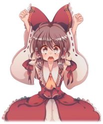 Rule 34 | 1girl, ascot, bad id, bad pixiv id, blush, cream (nipakupa), female focus, hakurei reimu, looking at viewer, open mouth, simple background, solo, touhou, white background
