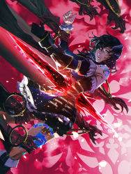 Rule 34 | 1girl, artist request, black hair, bloodstained: ritual of the night, blue eyes, breasts, brown hair, commentary, crystal shard, detached sleeves, gauntlets, gradient hair, hair between eyes, hair ornament, horns, impaled, looking at viewer, miriam (bloodstained), multicolored hair, pale skin, short hair, solo, stained glass, sword, tattoo, weapon