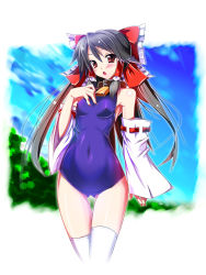 Rule 34 | 1girl, bad id, bad pixiv id, bell, black hair, blush, bow, breasts, collar, detached sleeves, female focus, hair bow, hakurei reimu, highres, hip focus, long hair, neck bell, nipples, one-piece swimsuit, red eyes, ribbon, school swimsuit, small breasts, solo, swimsuit, sys.ao, thighhighs, touhou, white thighhighs, wide hips