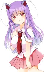 Rule 34 | 1girl, alternate eye color, blush, breasts, carrot pin, closed mouth, collared shirt, hair between eyes, hand on own chest, hand up, highres, large breasts, long hair, looking at viewer, necktie, pink eyes, pink skirt, puffy short sleeves, puffy sleeves, purple hair, red necktie, reisen udongein inaba, shirt, short sleeves, simple background, skirt, smile, solo, standing, teeth, touhou, white background, zerokosan