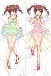 Rule 34 | 10s, 1girl, :d, bakugadou, bed sheet, blush, bow, breasts, brown eyes, brown hair, choker, collarbone, dakimakura (medium), dress, eyebrows, frilled dress, frills, full body, green dress, hair bow, heart, idolmaster, idolmaster cinderella girls, knees together feet apart, looking at viewer, lying, multiple views, no socks, ogata chieri, on back, open mouth, pink bow, scrunchie, shoes, short sleeves, sidelocks, skirt hold, small breasts, smile, socks, twintails, white bow, white legwear, white wings, winged heart, wings, wrist scrunchie