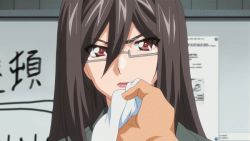 Rule 34 | animated, animated gif, black hair, blazer, bra, breasts, cleavage, clothes pull, closed eyes, glasses, jacket, karasuma miyako, large breasts, last waltz, long hair, mature female, open mouth, purple bra, red eyes, red lips, shirt, shirt pull, teacher and student, torn clothes, torn shirt, underwear, very long hair