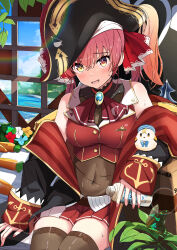 Rule 34 | 1girl, absurdres, arrow through heart, bicorne, bird, bird on hand, black coat, black hat, blush, breasts, brown thighhighs, buttons, cleavage, coat, covered navel, cropped jacket, crossed bangs, gold trim, hat, heterochromia, high ponytail, highres, holding, hololive, houshou marine, jacket, leotard, leotard under clothes, looking at viewer, miniskirt, off shoulder, open mouth, pirate, pirate hat, pleated skirt, red eyes, red hair, red jacket, red skirt, see-through, see-through cleavage, see-through leotard, sitting, skirt, sleeveless, sleeveless jacket, solo, spice mega, sweat, thighhighs, virtual youtuber, yellow eyes, zettai ryouiki