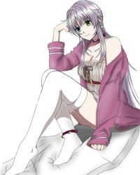 Rule 34 | 1girl, anklet, artist request, bare shoulders, belted dress, blue eyes, breasts, cleavage, collar, dress, green eyes, hand on own head, heterochromia, jewelry, k-project, knees up, lace, long hair, looking at viewer, medium breasts, neko (k-project), pink hair, sitting, solo, sweater, thighhighs, thighs, very long hair