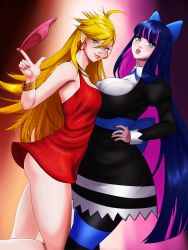 Rule 34 | 2girls, absurdres, angel, blonde hair, breasts, colored inner hair, dress, heaven, highres, large breasts, long hair, looking at viewer, medium breasts, melkcoffee, multicolored hair, multiple girls, open mouth, panty &amp; stocking with garterbelt, panty (psg), pantyhose, red dress, self-upload, stocking (psg), striped clothes, striped legwear, striped pantyhose, thighhighs, two-tone hair