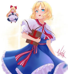 Rule 34 | 1girl, absurdres, alice margatroid, blonde hair, blue dress, blue eyes, blush, book, bow, capelet, dated, doll, dress, grimoire of alice, hair bow, hairband, highres, hourai doll, lolita hairband, looking at viewer, natch imaycz, open mouth, red hairband, ribbon, short hair, signature, smile, solo, touhou, white background, white capelet, witch