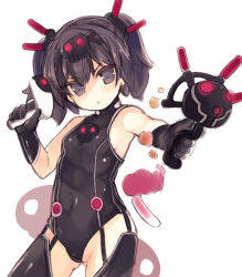 Rule 34 | &gt;:o, 1girl, :o, aiming, black gloves, black hair, black leotard, breasts, covered navel, cowboy shot, finger on trigger, garter straps, gloves, gluteal fold, gun, hair between eyes, hand up, holding, holding gun, holding weapon, kurasuke, leotard, looking at viewer, original, parted lips, simple background, small breasts, solo, thighs, trigger discipline, tsurime, twintails, v-shaped eyebrows, weapon, white background