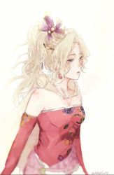 Rule 34 | 1girl, amano yoshitaka design, bare shoulders, blonde hair, breasts, cape, dress, earrings, final fantasy, final fantasy vi, jewelry, long hair, ponytail, ribbon, simple background, solo, tina branford