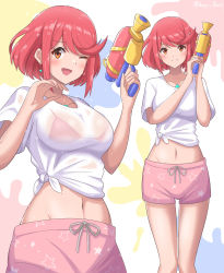 Rule 34 | ;d, absurdres, bikini, breasts, chest jewel, drop earrings, earrings, highres, holding, holding water gun, jewelry, large breasts, looking at viewer, multiple views, navel, one eye closed, open mouth, pyra (xenoblade), red bikini, red eyes, red hair, ryochan96154, see-through, shirt, short shorts, short sleeves, shorts, smile, swept bangs, swimsuit, tied shirt, twitter username, water gun, wet, wet clothes, white shirt, xenoblade chronicles (series), xenoblade chronicles 2