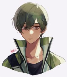 Rule 34 | 10s, 1boy, black shirt, brown eyes, closed mouth, ez 1011, free!, green hair, green jacket, grey background, high speed!, jacket, kirishima ikuya, looking at viewer, male focus, open clothes, open jacket, shirt, simple background, solo, twitter username, upper body