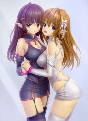 Rule 34 | 2girls, bare shoulders, bracelet, breasts, brown eyes, brown hair, cleavage, cleavage cutout, clothing cutout, detached sleeves, elf, female focus, garter belt, garter straps, gloves, grey eyes, hair ornament, hair ribbon, hand on neck, highres, hime cut, holding hands, interlocked fingers, jewelry, kanzeon, lace, lace gloves, looking at viewer, miniskirt, multiple girls, open mouth, original, pointy ears, purple hair, purple legwear, ribbon, shirt, simple background, skindentation, skirt, smile, taut clothes, taut shirt, thighhighs, white legwear, yuri, zettai ryouiki