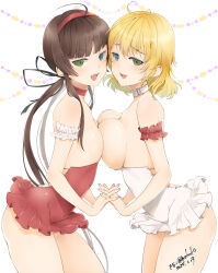 Rule 34 | 2girls, :3, ahoge, arm scrunchie, asymmetrical docking, backless dress, backless outfit, bare shoulders, belt, belt collar, black ribbon, blonde hair, blue eyes, blush, body blush, breast press, breastless clothes, breasts, breasts out, brown hair, choker, cleavage, collarbone, covered navel, dated, dress, green eyes, groin, hair ribbon, hairband, heterochromia, holding hands, kinako (mzknk0), large breasts, long hair, looking at viewer, low twintails, microdress, multiple girls, navel, open mouth, red belt, red choker, red dress, red hairband, red scrunchie, revealing clothes, ribbon, ryoubi (senran kagura), ryouna (senran kagura), scrunchie, senran kagura, senran kagura shinovi versus, short hair, siblings, signature, sisters, small breasts, smile, standing, streamers, teeth, tongue, twins, twintails, upper teeth only, very long hair, white background, white belt, white choker, white dress, white scrunchie