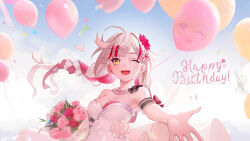 Rule 34 | 1girl, ;d, absurdres, ahoge, arm ribbon, bare shoulders, black ribbon, blue sky, bouquet, braid, breasts, cleavage, cloud, confetti, dress, floating hair, flower, hair flower, hair ornament, happy birthday, highres, holding, holding bouquet, isabella holly, low twin braids, medium breasts, multicolored hair, nebula beat, one eye closed, open hand, open mouth, outstretched arm, outstretched hand, pink flower, pink rose, reaching, reaching towards viewer, red flower, red hair, red rose, revdol, ribbon, rose, shanchui nan, sky, smile, solo, strapless, strapless dress, streaked hair, teeth, too many balloons, twin braids, upper body, upper teeth only, virtual youtuber, white dress, white flower, white hair, xuan xiaozhi, yellow eyes
