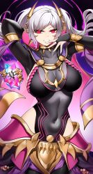 Rule 34 | 1girl, absurdres, arm behind head, arm up, armlet, armor, aura, bracelet, breasts, casul, cleavage, dark aura, dark persona, eyes of grima, faulds, fire emblem, fire emblem awakening, fire emblem heroes, grima (fire emblem), hair ornament, highres, jewelry, large breasts, long hair, long sleeves, looking at viewer, neck ring, nintendo, red eyes, robin (female) (fire emblem), robin (fire emblem), see-through, see-through cleavage, smile, solo, twintails, white hair