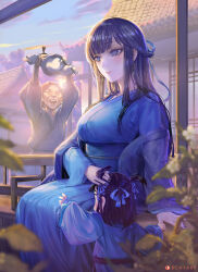 Rule 34 | 2boys, 2girls, :d, b.c.n.y., blush, breasts, child, chinese clothes, earrings, hanfu, highres, jewelry, large breasts, legend of mortal, long hair, multiple boys, multiple girls, open mouth, ponytail, purple eyes, purple hair, purple nails, sash, sitting, smile, sunset, teeth