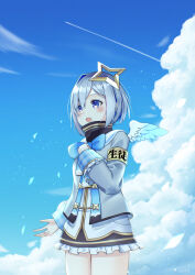 Rule 34 | 1girl, absurdres, amane kanata, amane kanata (1st costume), angel wings, apple (zdj0266), armband, asymmetrical bangs, asymmetrical hair, black skirt, blue bow, blue bowtie, blue hair, blue sky, blue wings, blush, bob cut, bow, bowtie, cloud, cloudy sky, colored inner hair, commentary, contrail, cowboy shot, day, feathered wings, frilled skirt, frills, gradient wings, grey hair, grey jacket, halo, hand on own chest, highres, hololive, jacket, long sleeves, mini wings, miniskirt, multicolored hair, multicolored wings, open mouth, outdoors, pink hair, purple eyes, sailor collar, short hair, sidelocks, single hair intake, skirt, sky, sleeve cuffs, solo, standing, star halo, streaked hair, virtual youtuber, white sailor collar, white wings, wings, yellow armband