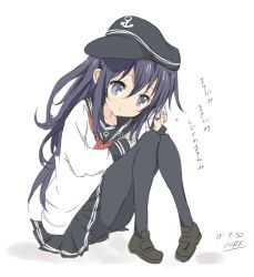 Rule 34 | 10s, 1girl, akatsuki (kancolle), anchor symbol, artist name, commentary request, core (mayomayo), dated, flat cap, hat, kantai collection, knees up, long hair, looking at viewer, pantyhose, purple eyes, purple hair, school uniform, serafuku, simple background, sitting, skirt, solo, translation request, white background