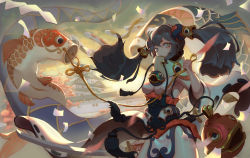 Rule 34 | 1girl, absurdres, architecture, black hair, blackcat enjia, castle, cloud, commentary request, detached sleeves, dress, east asian architecture, eyeshadow, fish, hair ornament, highres, holding, holding sword, holding weapon, katana, koinobori, long hair, looking at viewer, makeup, original, outdoors, pelvic curtain, red eyeshadow, rope, sword, tassel, tree, twintails, weapon, white dress, wide sleeves, wind, windsock