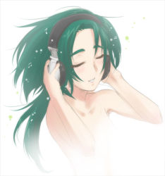 Rule 34 | 00s, 1girl, akimoto komachi, bad id, bad pixiv id, bare shoulders, collarbone, completely nude, closed eyes, female focus, galibo, green hair, headphones, long hair, nude, precure, smile, solo, topless frame, upper body, white background, yes! precure 5