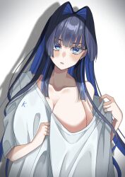 Rule 34 | 1girl, absurdres, bare shoulders, blue eyes, blue hair, blunt bangs, blush, breasts, collarbone, colored inner hair, hair intakes, hand up, highres, hololive, hololive english, large breasts, long hair, looking at viewer, mizuhasi, multicolored hair, no bra, official alternate hairstyle, ouro kronii, ouro kronii (casual), oversized clothes, oversized shirt, shirt, short sleeves, solo, two-tone hair, very long hair, virtual youtuber, white shirt