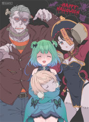 Rule 34 | 1boy, 3girls, arm up, bandages, black panties, blonde hair, breasts, brown hair, butterfly-shaped pupils, chinese clothes, cleavage, colored skin, double bun, dress, fang, green hair, hair bun, hair ornament, halloween, hat, hat ornament, highres, hololive, indie virtual youtuber, jiangshi, lace, lace-trimmed panties, lace trim, long sleeves, looking at viewer, maimoto keisuke, medium breasts, multiple girls, nijisanji, ofuda, oozora subaru, open mouth, panties, patchwork skin, pom pom (clothes), pom pom hair ornament, red eyes, severed head, shaded face, shigure ui (vtuber), short hair, simple background, skin fang, skull-shaped pupils, smile, standing, stitches, symbol-shaped pupils, twitter username, underwear, uruha rushia, uruha rushia (1st costume), vinhnyu, virtual youtuber, zombie