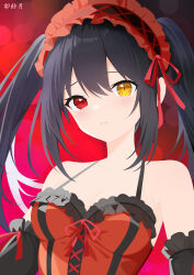 Rule 34 | 1girl, absurdres, artist name, bare shoulders, black hair, blurry, blurry background, blush, bokeh, breasts, cleavage, clock, clock eyes, date a live, depth of field, detached sleeves, dress, gothic lolita, hairband, heterochromia, highres, lolita fashion, lolita hairband, long hair, looking at viewer, medium breasts, red eyes, ribbon, roman numeral, smile, solo, symbol-shaped pupils, tare4232, tokisaki kurumi, twintails, uneven twintails, upper body, watermark, yellow eyes