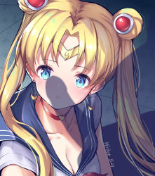 Rule 34 | 1girl, absurdres, bad id, bad pixiv id, bishoujo senshi sailor moon, blonde hair, blue eyes, blue sailor collar, blush, breasts, choker, circlet, cleavage, collarbone, commentary request, crescent, crescent earrings, derivative work, earrings, erection, gao2519, hair ornament, hair over shoulder, heart, heart choker, highres, imminent rape, jewelry, long hair, meme, parted bangs, parted lips, penis, penis awe, penis shadow, penis silhouette, red choker, sailor collar, sailor moon, sailor moon redraw challenge (meme), shadow, short sleeves, solo, solo focus, teeth, testicles, tsukino usagi, twintails, upper body