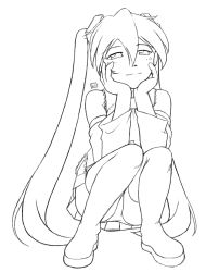 Rule 34 | 1girl, detached sleeves, greyscale, hands on own cheeks, hands on own face, hatsune miku, kit (studio), lineart, long hair, monochrome, panties, pantyshot, skirt, smile, solo, twintails, underwear, upskirt, very long hair, vocaloid