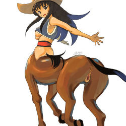 Rule 34 | 1girl, anus, ass, belt, black hair, blue hair, breasts, centaur, cowboy hat, hat, hooves, jajala, long hair, looking at viewer, looking back, lowres, monster girl, multicolored hair, outstretched arms, pussy, simple background, solo, tail, taur, two-tone hair, uncensored, underboob, vest, white background