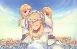 Rule 34 | 3girls, aged down, bad id, bad pixiv id, blonde hair, brothers, child, closed eyes, day, flower, head wreath, juuya, mother and son, multiple girls, siblings, sky, smile