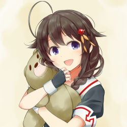 Rule 34 | 10s, 1girl, ahoge, blue eyes, braid, brown hair, close-up, fingerless gloves, gloves, hair flaps, hair ornament, hair over shoulder, kantai collection, nutsiqu, hugging object, open mouth, shigure (kancolle), shigure kai ni (kancolle), single braid, smile, solo, stuffed animal, stuffed toy, teddy bear, upper body