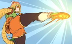 Rule 34 | 1girl, @ @, arms (game), ass, beanie, blonde hair, blunt bangs, bob cut, chinese clothes, domino mask, facepaint, green eyes, hat, highres, kicking, leggings under shorts, mask, min min (arms), orange hat, pantyhose, short hair, sketch, solo, spacezin