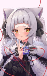 Rule 34 | 1girl, absurdres, animal ear fluff, animal ears, black bow, black bowtie, black ribbon, blush, bow, bowtie, cat ears, frilled sleeves, frills, fur trim, hair ribbon, hand up, highres, hololive, long hair, long sleeves, looking at viewer, maikro, murasaki shion, murasaki shion (gothic lolita), orange eyes, parted lips, ribbon, short eyebrows, silver hair, simple background, solo, string, string of fate, twintails, upper body, virtual youtuber, white background
