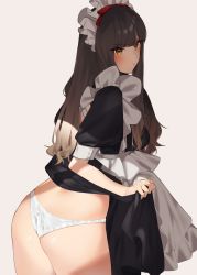 Rule 34 | 1girl, apron, ass, back, black dress, blush, breasts, brown eyes, brown hair, clothes lift, dress, dress lift, highres, large breasts, long hair, looking at viewer, looking back, maid, maid headdress, original, panties, pout, puffy cheeks, puffy short sleeves, puffy sleeves, short sleeves, sino42, solo, underwear, white apron, white panties