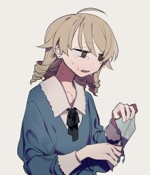 Rule 34 | 1girl, @ @, ahoge, black ribbon, blonde hair, blue shirt, brown eyes, collarbone, collared shirt, crying, crying with eyes open, earrings, envelope, grey background, half-closed eyes, higa423, highres, holding, holding envelope, idolmaster, idolmaster cinderella girls, jewelry, lace trim, long hair, long sleeves, morikubo nono, neck ribbon, open mouth, puffy long sleeves, puffy sleeves, raised eyebrows, ribbon, ringlets, ripping, sad smile, shirt, simple background, sleeve cuffs, solo, stud earrings, tears, upper body