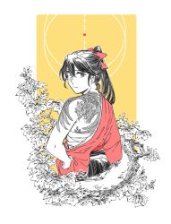 Rule 34 | 1girl, back tattoo, bow, closed mouth, commentary request, flower, hadanugi dousa, hair between eyes, hair bow, hakama, hand on own hip, head tilt, houshou (kancolle), japanese clothes, kantai collection, kimono, leaf, long hair, looking at viewer, open clothes, open kimono, pink bow, pink kimono, ponytail, sarashi, simple background, solo, tattoo, upper body, weidashming