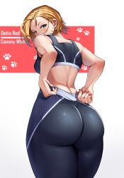 Rule 34 | 1girl, ass, ass focus, bare shoulders, blonde hair, blue eyes, blush, breasts, cammy white, crop top, curvy, from behind, highres, huge ass, looking at viewer, looking back, luxpineapple, medium breasts, pants, short hair, sleeveless, solo, street fighter, street fighter 6, thick thighs, thighs, wide hips