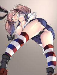 Rule 34 | 1girl, anchor hair ornament, ass, atlanta (kancolle), black panties, black ribbon, blue eyes, blush, breasts, brown hair, cameltoe, commentary request, cosplay, crop top, earrings, elbow gloves, gloves, hair ornament, hair ribbon, highres, jewelry, kantai collection, large breasts, legs, open mouth, panties, pleated skirt, ribbon, shimakaze (kancolle), shimakaze (kancolle) (cosplay), shoes, sideboob, skirt, solo, star (symbol), star earrings, striped clothes, striped thighhighs, thighhighs, torisan, underwear, upskirt, view between legs, white gloves