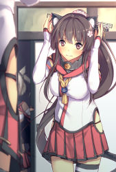 Rule 34 | 10s, 2girls, amanuki-san, animal ears, blonde hair, breasts, brown eyes, brown hair, cat ears, cat tail, dark-skinned female, dark skin, fake animal ears, fake tail, flower, hair flower, hair ornament, kantai collection, large breasts, long hair, miniskirt, mirror, multiple girls, musashi (kancolle), personification, pleated skirt, ponytail, reflection, single thighhigh, skirt, surprised, tail, thighhighs, twintails, two side up, yamato (kancolle)