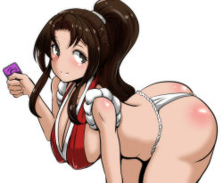 Rule 34 | 1girl, all fours, ass, bare shoulders, bent over, blush, breasts, brown eyes, brown hair, cleavage, condom, fatal fury, fundoshi, hanging breasts, highres, japanese clothes, large breasts, leaning, leaning forward, loincloth, long hair, looking at viewer, looking back, ninja, ponytail, shiny skin, shiranui mai, simple background, smile, snk, solo, the king of fighters, thighs, torii5011, white background
