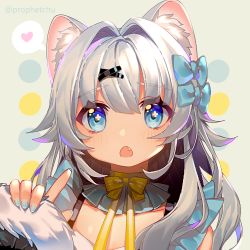 Rule 34 | 1girl, :o, animal ear fluff, animal ears, bad id, bad pixiv id, blue bow, blue eyes, blue nails, blush, bow, commentary, fang, fur-trimmed sleeves, fur trim, grey background, hair between eyes, hair bow, hair ornament, hairclip, heart, index finger raised, long hair, long sleeves, looking at viewer, lowres, nail polish, open mouth, original, pinching sleeves, prophet chu, silver hair, sleeves past wrists, solo, spoken heart, symbol-only commentary, twitter username, upper body, x hair ornament, yellow bow