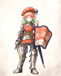 Rule 34 | 1girl, armor, armor under clothes, armored boots, boots, couter, earrings, feather earrings, feathers, gauntlets, gradient hair, greaves, highres, holding, holding sword, holding weapon, hololive, hololive english, ironlily, jewelry, long hair, multicolored hair, orange hair, purple eyes, shield, shoulder armor, smile, solo, sword, takanashi kiara, virtual youtuber, weapon