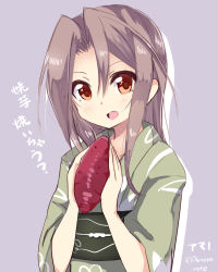Rule 34 | 10s, 1girl, amano kouki, brown hair, food, highres, japanese clothes, kantai collection, long hair, looking at viewer, open mouth, red eyes, solo, sweet potato, zuihou (kancolle)
