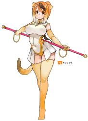 Rule 34 | 10s, 1girl, animal ears, blonde hair, bracelet, character name, circlet, elbow gloves, gloves, golden snub-nosed monkey (kemono friends), high ponytail, highres, japari symbol, jewelry, kemono friends, leotard, long hair, monkey ears, monkey tail, orange hair, ponytail, sachito, skirt, solo, staff, tail, thighhighs, weapon