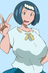 Rule 34 | 1girl, :d, alternate breast size, bad id, bad twitter id, blue background, blue eyes, blue hair, blue shirt, blue skirt, bob cut, breasts, bright pupils, collarbone, cowboy shot, creatures (company), freckles, game freak, gem, hairband, hand on own hip, huge breasts, inactive account, lana&#039;s mother (pokemon), looking at viewer, mature female, nintendo, open mouth, pearl (gemstone), pleated skirt, pokemon, pokemon (anime), pokemon sm (anime), raised eyebrows, ribbon, ribbon-trimmed shirt, ribbon trim, shirt, short hair, short sleeves, simple background, skirt, smile, solo, standing, suitekiya2, swept bangs, t-shirt, tareme, tongue, v, white hairband, yellow ribbon