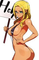 Rule 34 | 10s, 1girl, amagi brilliant park, ashe (amaburi), ass, blonde hair, blue eyes, breasts, cleavage, female focus, from side, glasses, large breasts, ruuto (sorufu), sideboob, sign, simple background, skindentation, solo, standing, swimsuit, white background