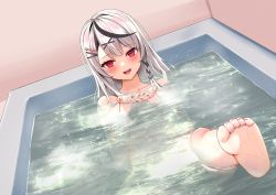 Rule 34 | 1girl, absurdres, barefoot, bathing, bathtub, black hair, blush, braid, breasts, collarbone, convenient censoring, cowlick, dutch angle, fang, feet, foot up, foreshortening, grey hair, hair ornament, hairclip, hands up, heart, heart hair ornament, highres, hololive, indoors, large breasts, leaning back, long hair, looking at viewer, multicolored hair, nail polish, nude, oniku (o29sukizero), open mouth, red eyes, red nails, sakamata chloe, sidelocks, soles, solo, steam, steam censor, streaked hair, teeth, toe scrunch, toenail polish, toenails, toes, tongue, upper teeth only, virtual youtuber, water