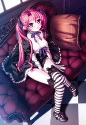 Rule 34 | 1girl, absurdres, black dress, blush, boots, breasts, checkered floor, cleavage, detached collar, dress, elbow gloves, from above, gloves, hair ribbon, high heel boots, high heels, highres, kannatsuki noboru, long hair, looking at viewer, maou to odore!, maou to odore! ii, marie grenoble, open mouth, pink hair, purple eyes, ribbon, scan, sitting, solo, striped clothes, striped thighhighs, thighhighs, twintails, very long hair, white gloves