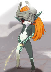 Rule 34 | 1girl, bad id, bad pixiv id, bar censor, barefoot, black skin, blush, breasts, censored, colored sclera, colored skin, dark nipples, fake horns, fangs, full body, helmet, highres, horned helmet, horns, j7w, long hair, looking down, midna, multicolored skin, navel, neon trim, nintendo, nipples, nude, one eye covered, orange hair, pee, peeing, pointless censoring, pointy ears, pussy, red eyes, small breasts, solo, spread pussy, standing, sweat, the legend of zelda, the legend of zelda: twilight princess, tiptoes, toes, two-tone skin, white skin, yellow sclera